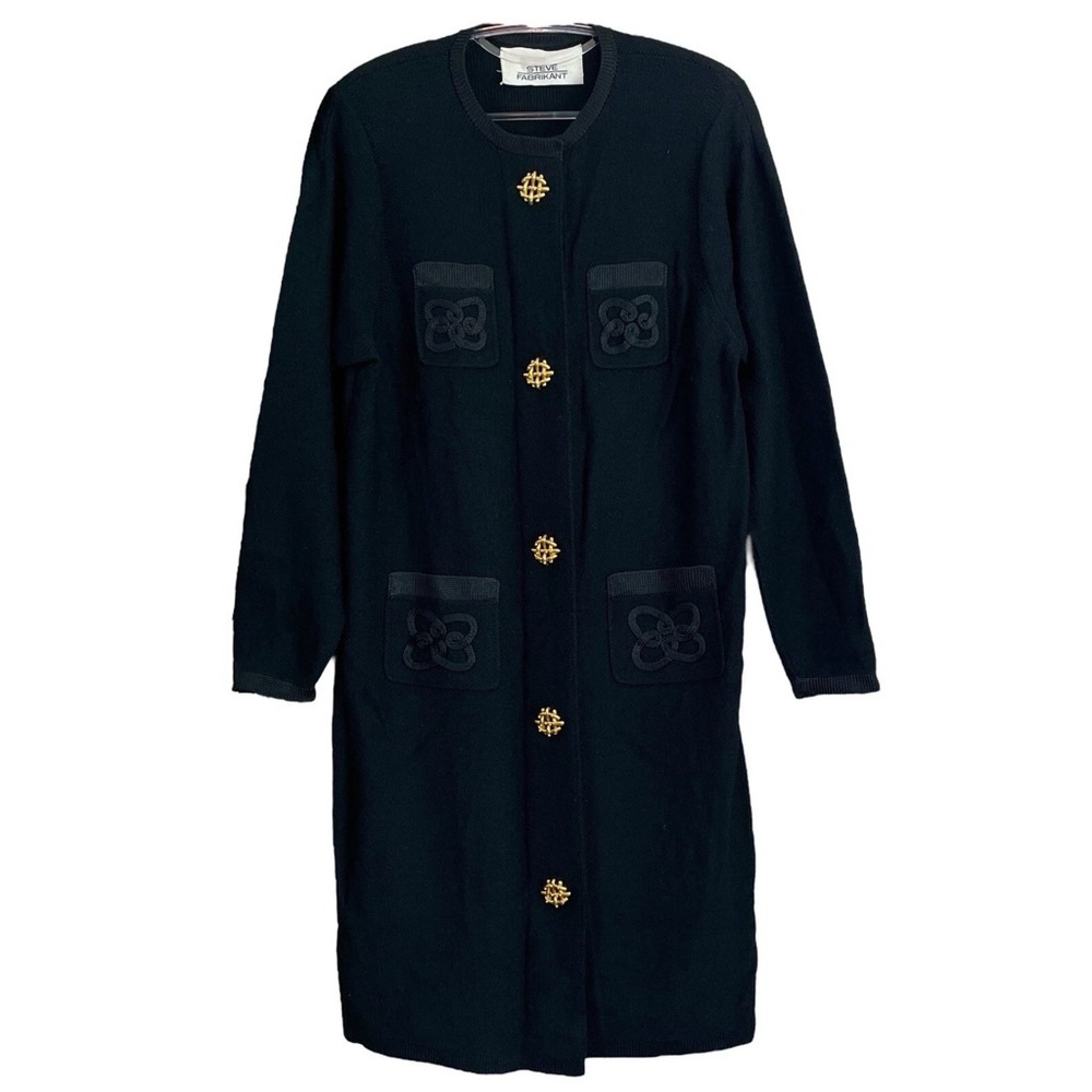 Vtg Steve Fabrikant Santana Knit Wool Buttoned Sweater Dress Black Gold Size M